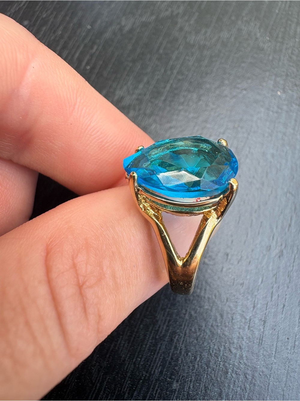 18k Gold Electroplated Ring with Blue Gemstone - Size 4.75 - Picture 5 of 13